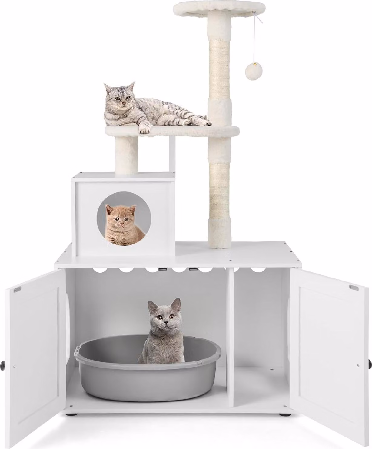 Tiragraffi COSTWAY con armadietto per gatti, casa per gatti tutto in uno, albero per gatti con ingresso, grotta, tronco in sisal e palla da gioco 77,5x49x132cm Bianco