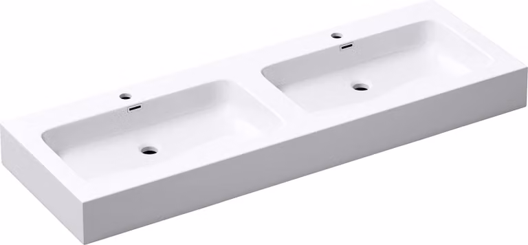 doporro Lavabo da Appoggio, Lavandino Bagno 140x48x13cm, Lavabo da Minerale Fuso Colossum830, due Fori per la Rubinetteria, Bianco Opaco