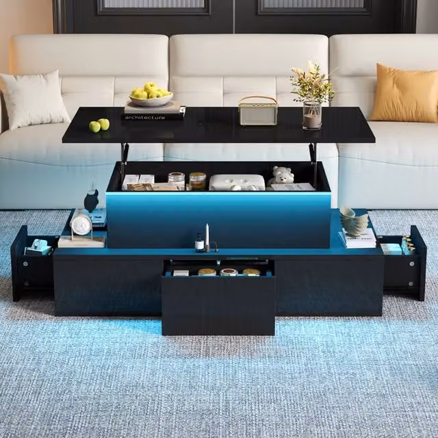 Tavolino da salotto sollevabile con 4 cassetti, LED, vano aperto e spazio nascosto per soggiorno, in MDF, nero, 100 × 50 × 40 cm
