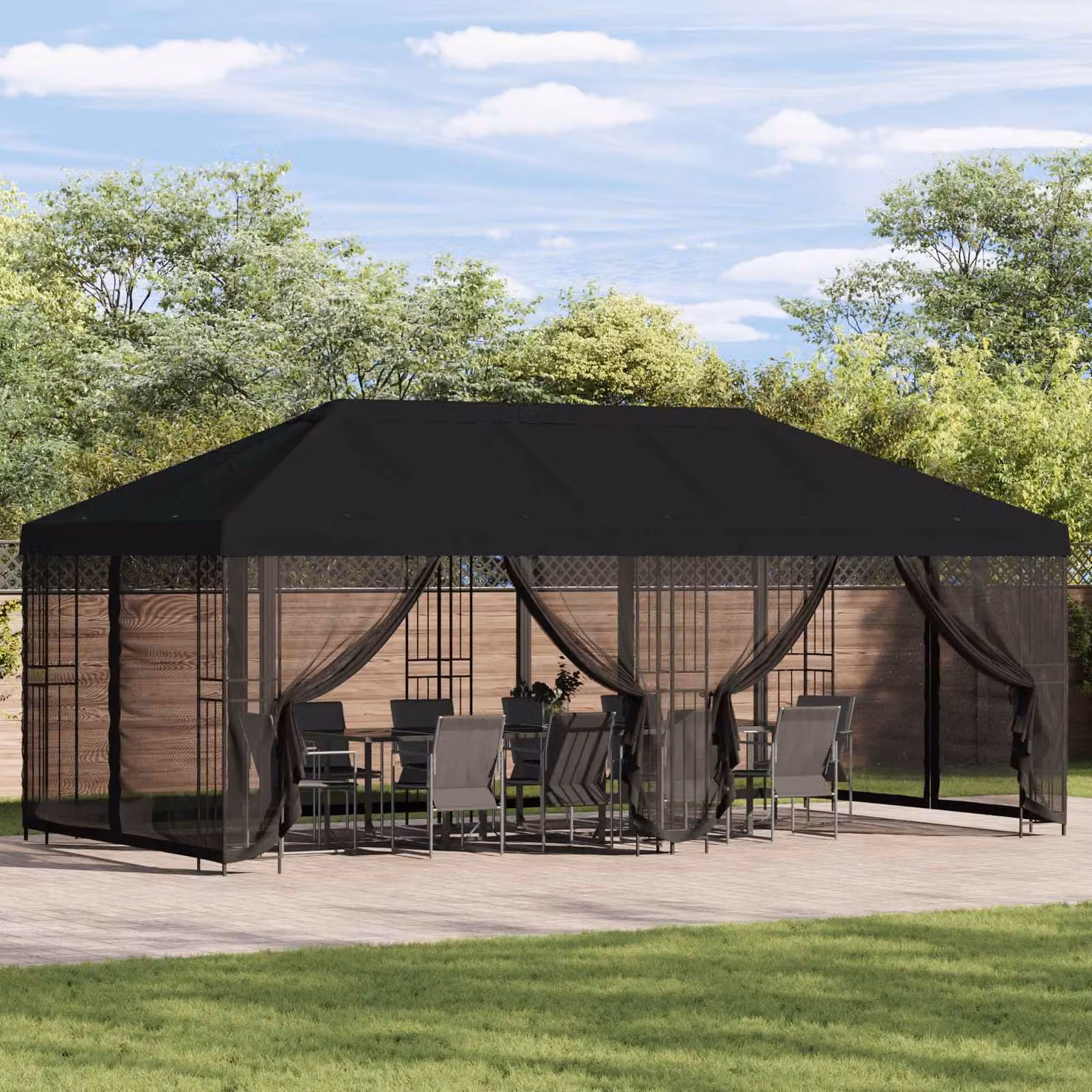 Gazebo vidaXL con pareti laterali in poliestere e acciaio nero L: 6 m x P: 3 m