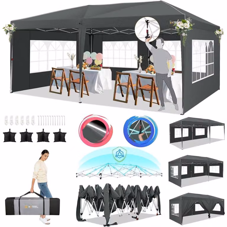 Tenda da giardino grigia, 3x6 metri, impermeabile, stabile, con 6 pareti laterali, tenda pop-up per feste