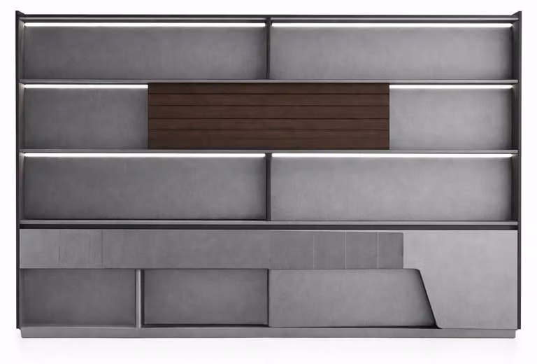Moderno armadio da ufficio con ripiani in legno, illuminazione a LED e spazio contenitivo