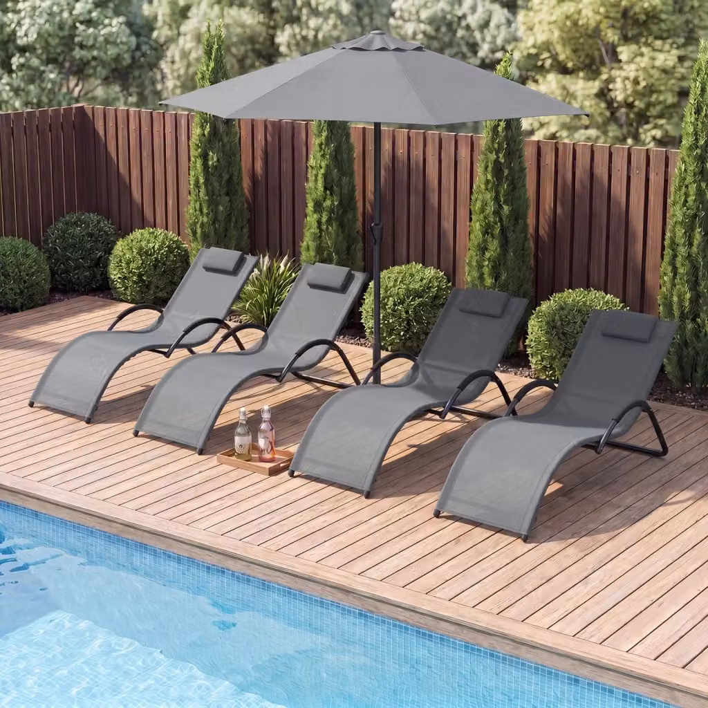 Set di 2 lettini prendisole da esterno con poggiatesta regolabile e struttura ergonomica in acciaio, colore grigio o blu – 2
