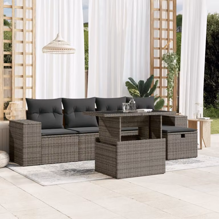 vidaXL Set Divano da Giardino 6 pz in Polyrattan Grigio con Cuscini Imbottiti e Tavolino