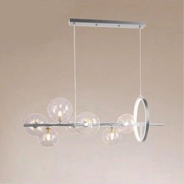 Lampadario a sospensione moderno Trade Shop Traesio in argento e vetro trasparente con 7 sfere e cerchio, attacco G9