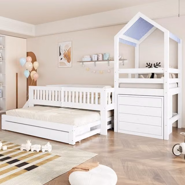 Letto a casetta Mivray per bambini in legno massiccio con letto estraibile, cassetti e scala, colore bianco, L/P/H: 200 x 90 x 120 cm