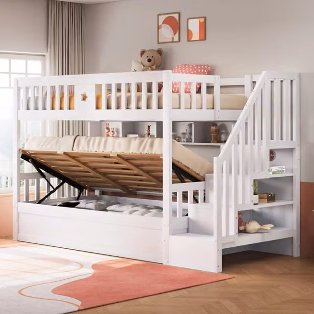 Letto a castello 2 posti 90 × 200 cm, contenitore idraulico, ripiani e scala contenitore, senza materasso, bianco