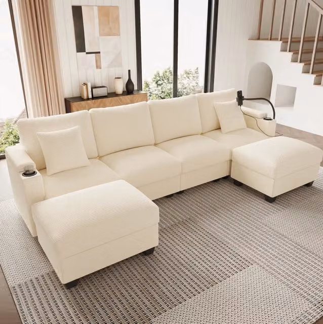 Divano modulare a U 275;5 cm in velluto a coste beige con funzione letto e USB HOMVRA
