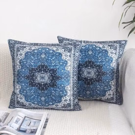 Set di 2 cuscini decorativi quadrati in velluto blu con design bohemien grafico, L/P: 45 x 45 cm