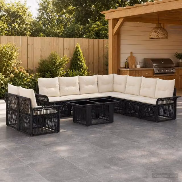 Set Divano da Giardino Moderno vidaXL in Polyrattan Nero e Bianco con Cuscini e Tavolino da Caffè in Vetro – 1