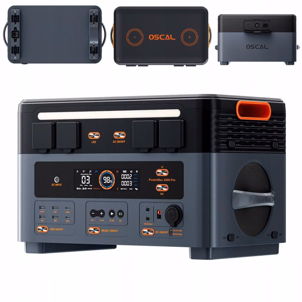 Stazione di alimentazione portatile OSCAL PowerMax 2400 PRO – 2400 W, 2016 Wh, LiFePO4, UPS, espandibile fino a 22 kWh, 16 porte – Nero