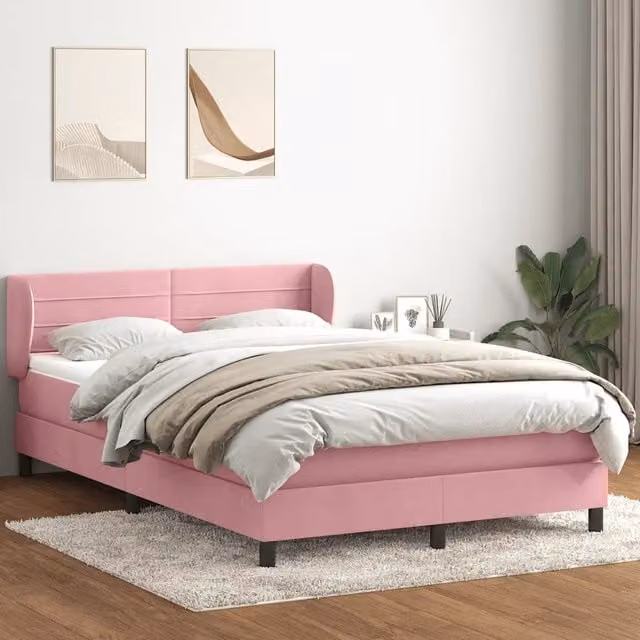 Letto con Giroletto a Molle e Materasso Ibrido vidaXL in Velluto Rosa e Bianco L: 147 cm, P: 223 cm, H: 88 cm – 1