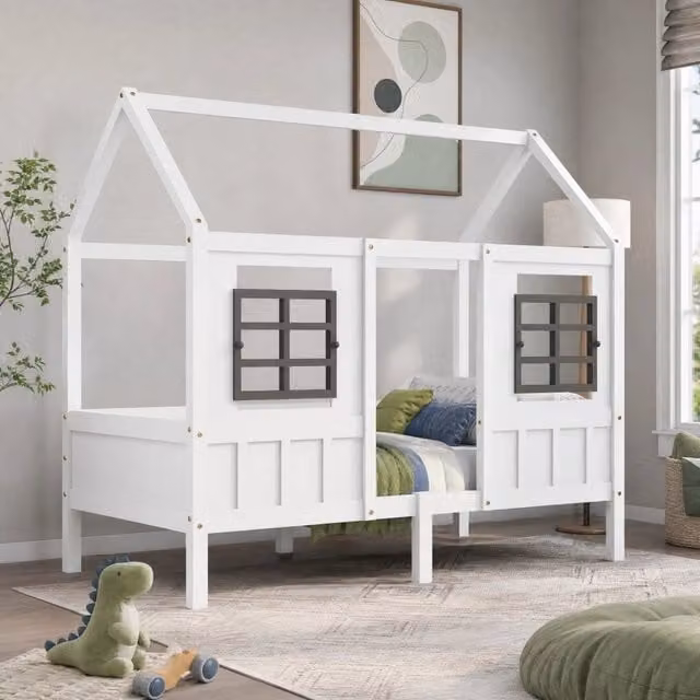 Desviae Letto singolo a casetta 200 × 90 cm con finestre protettive in legno e MDF bianco per cameretta bambini