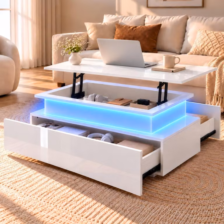 Tavolino da salotto regolabile in altezza 45 - 59 cm - 85 x 50 cm - Bianco con LED