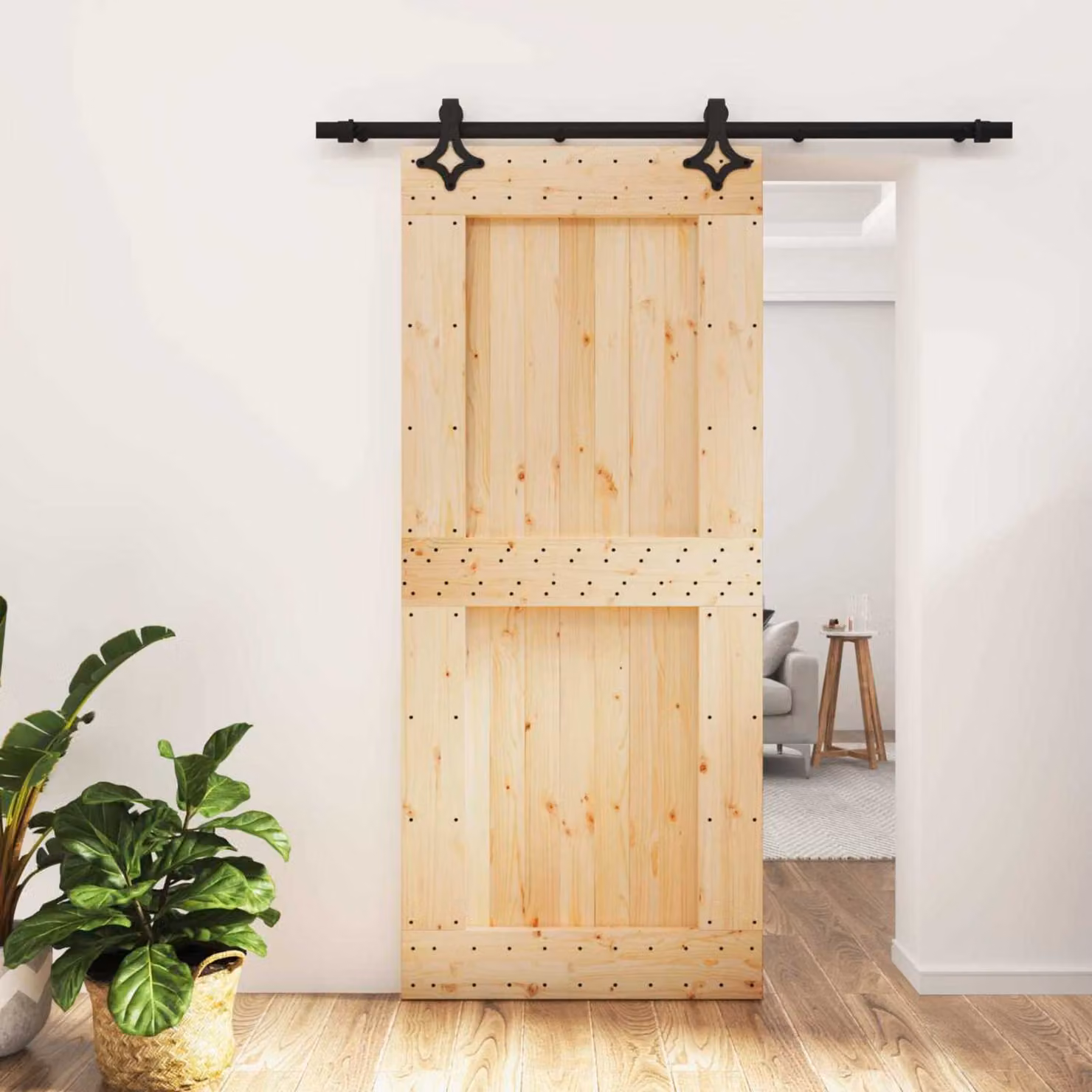 Porta scorrevole moderna vidaXL in legno e acciaio, colore naturale e nero, H: 210,0 cm x L: 183,0 cm x P: 16,0 cm