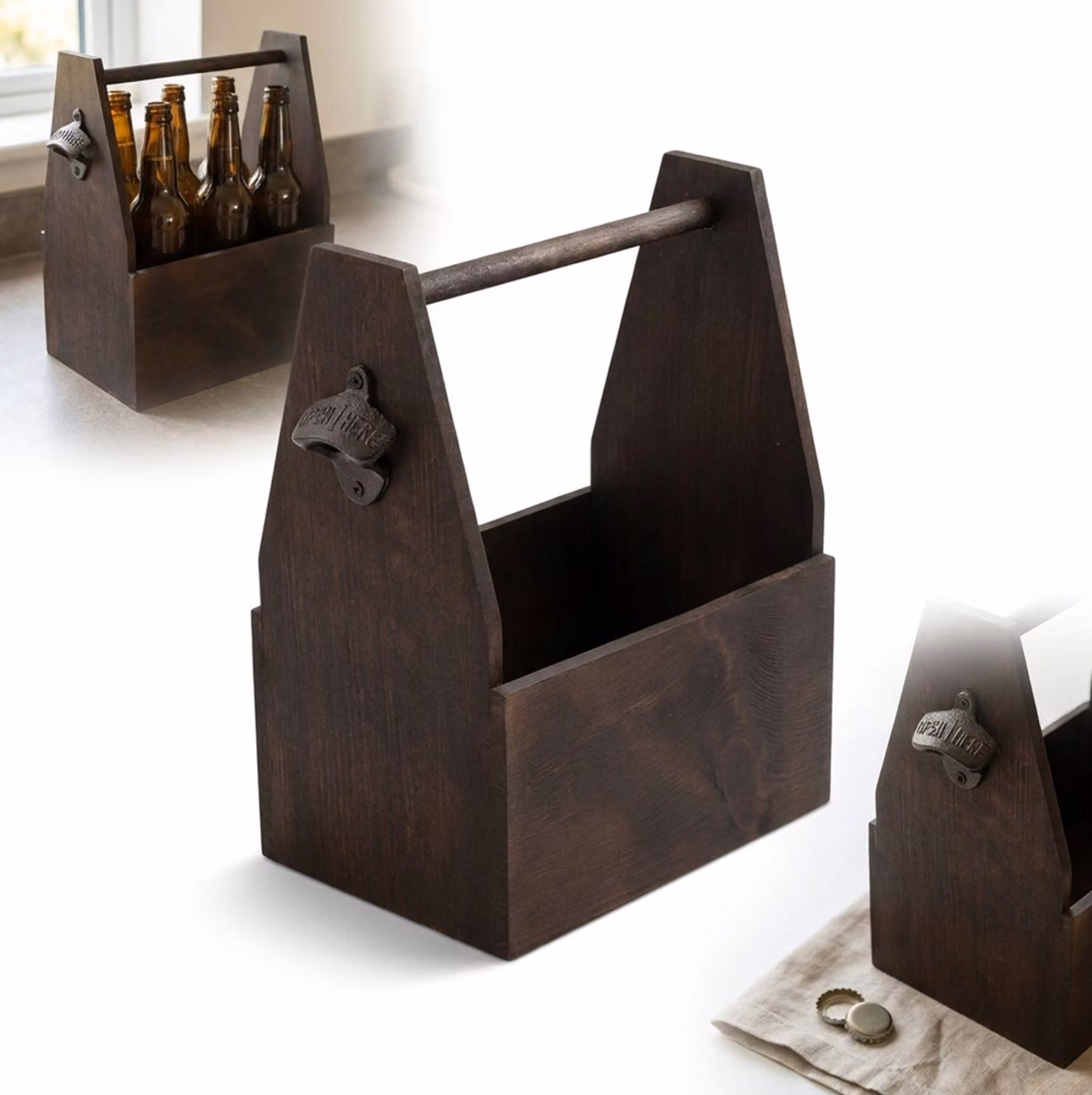 PORTABOTTIGLIE - Cassetta in LEGNO per bottiglie con apribottiglie, scura