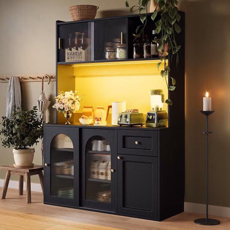 Mobiletto da cucina con illuminazione a LED, ripiani regolabili, ante e cassetti, dimensioni 120x35x167 cm, colore nero