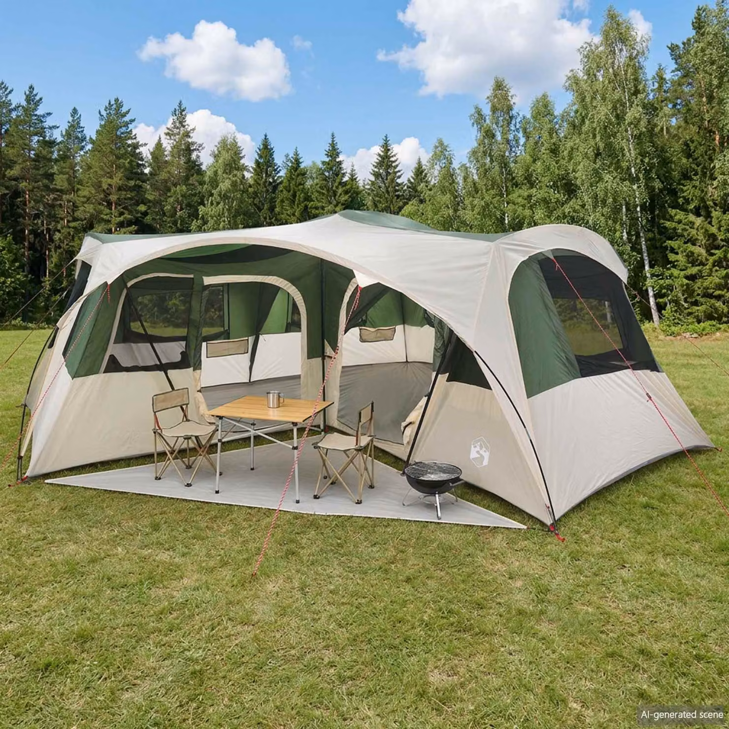 Tenda familiare vidaXL verde con telo da pioggia impermeabile in poliestere, vetroresina e acciaio
