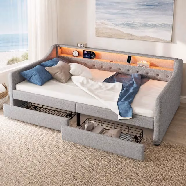 Daybed moderno in tessuto grigio con illuminazione LED, porta USB e 2 cassetti, L/P/H: 214 x 90 x 78,5 cm
