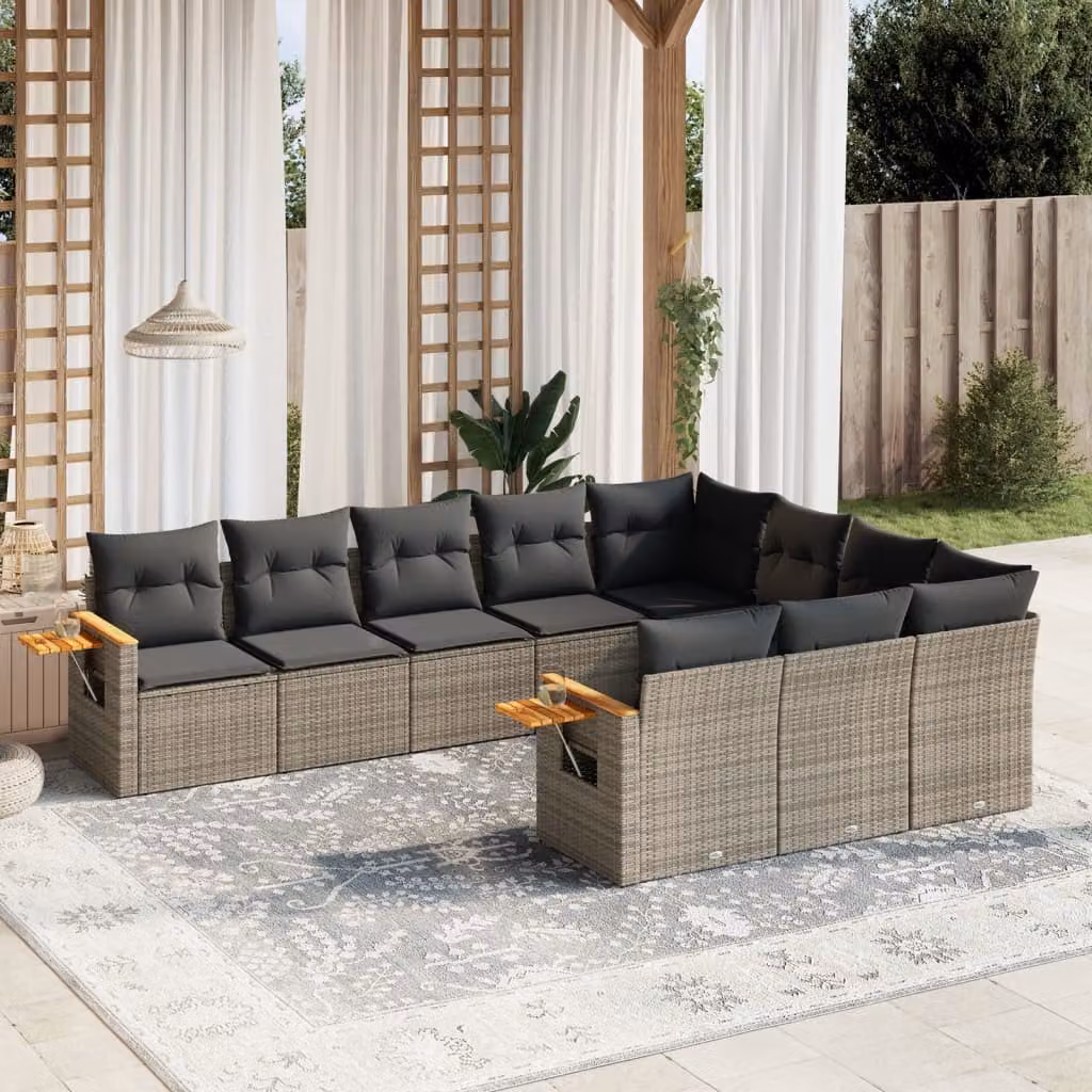 vidaXL Set Divano da Giardino 10 pz in Polyrattan Grigio con Cuscini e Tavolino da Caffè – 1