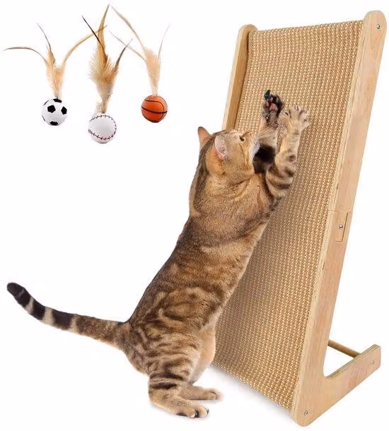 Targhetta tiragraffi per gatti, altezza 72 cm, a forma di L, in sisal, da fissare alla parete, con pallina