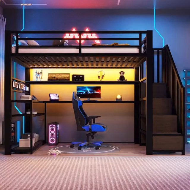 Letto a soppalco singolo MIVRAY nero con scrivania, armadio, scala contenitore e illuminazione LED RGB, dimensioni L/P/H: 200 x 90 x 251 cm