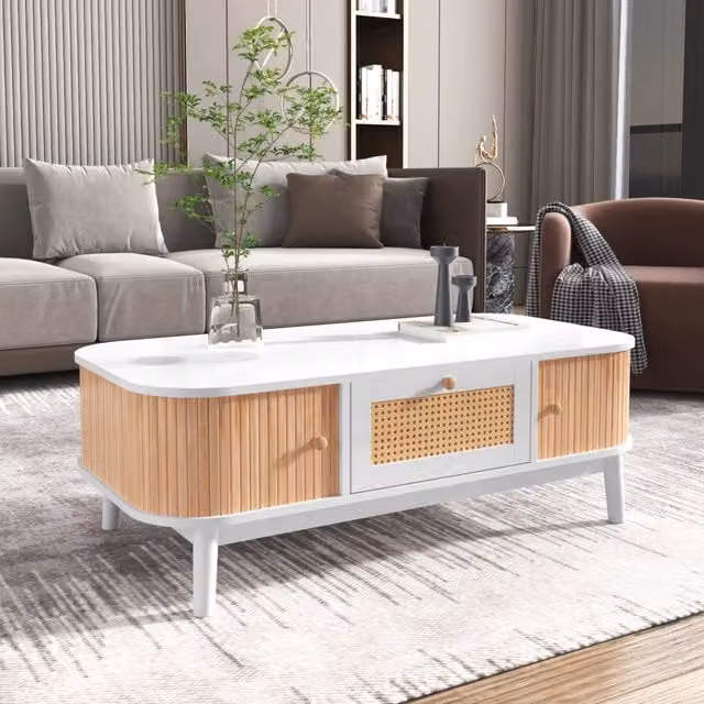 Tavolino basso con cassetti in rattan e ante in legno massello per soggiorno in MDF bianco e legno 110 × 55 × 38,5 cm