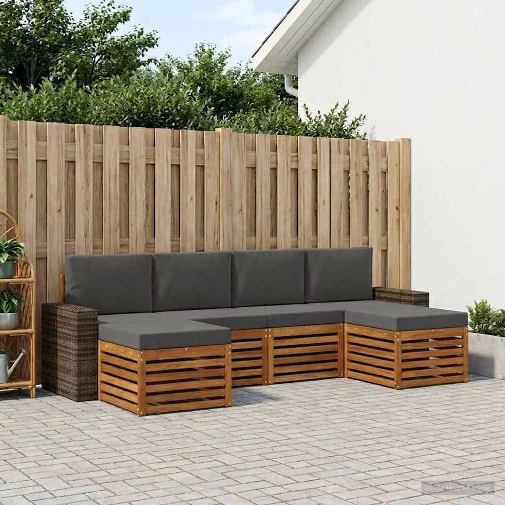 vidaXL Set di divani da esterno a L composto da 6 pezzi in legno di acacia con cuscini beige e antracite