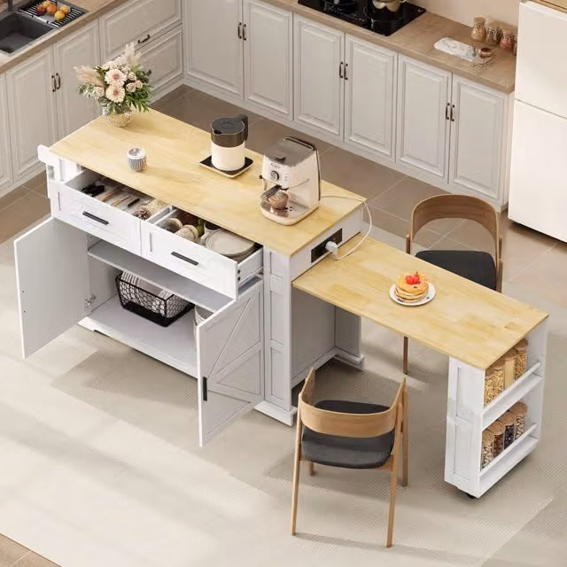 Isola da cucina REDOM in MDF bianco e legno con prese, L/P/H: 130 x 50 x 93 cm