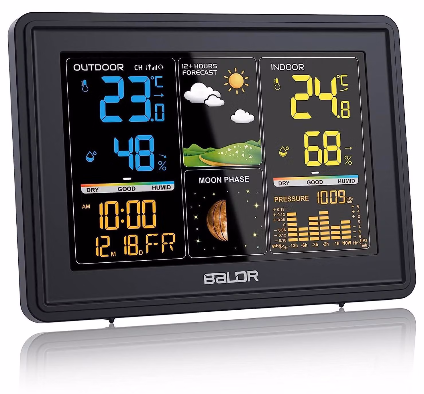 Stazione meteorologica BALDR, con sensore esterno wireless, display digitale a colori, orologio radio DCF, termometro e igrometro per interni ed esterni, stazione meteorologica wireless con previsioni del tempo, barometro e fasi lunari, alimentatore