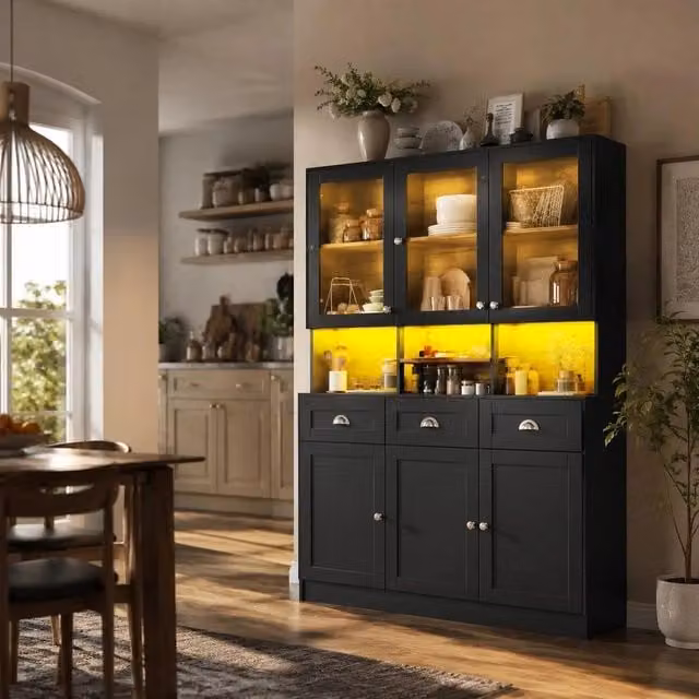 Armadietto contenitore alto da cucina con ante vetrina e ripiani regolabili, madia buffet in MDF per organizzare soggiorno e sala da pranzo, bianco e nero, 140x40x175 cm, capiente e moderna