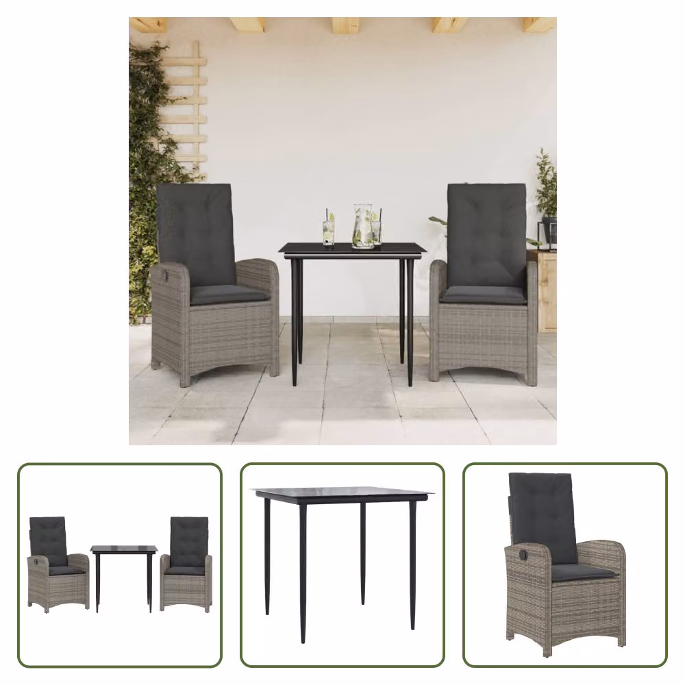 The Living Store Set da pranzo da giardino in 3 pezzi con cuscini in poly rattan grigio