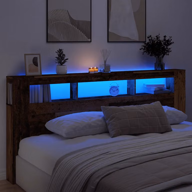 Testiera con LED vidaXL in legno antico marrone con ripiano integrato e porta USB L: 220 cm, P: 18,5 cm, H: 103,5 cm