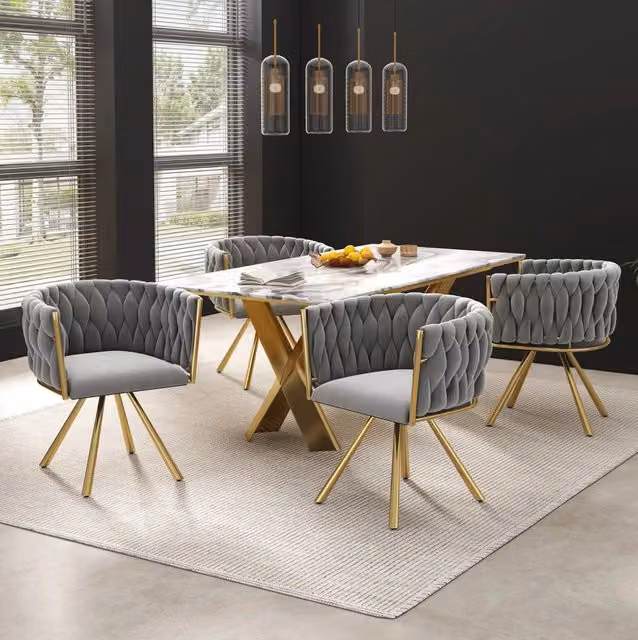 Set 2 sedie da pranzo ULEVR girevoli a 360¡ã in velluto grigio e oro con schienale curvo e gambe in metallo