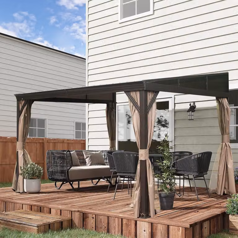 Gazebo da giardino 3 x 3,6 metri, struttura in acciaio zincato con copertura rigida, telaio in alluminio, telo a rete marrone