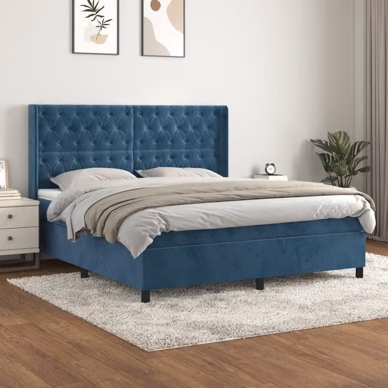 The Living Store Letto a molle con materasso blu scuro 160x200 cm in velluto