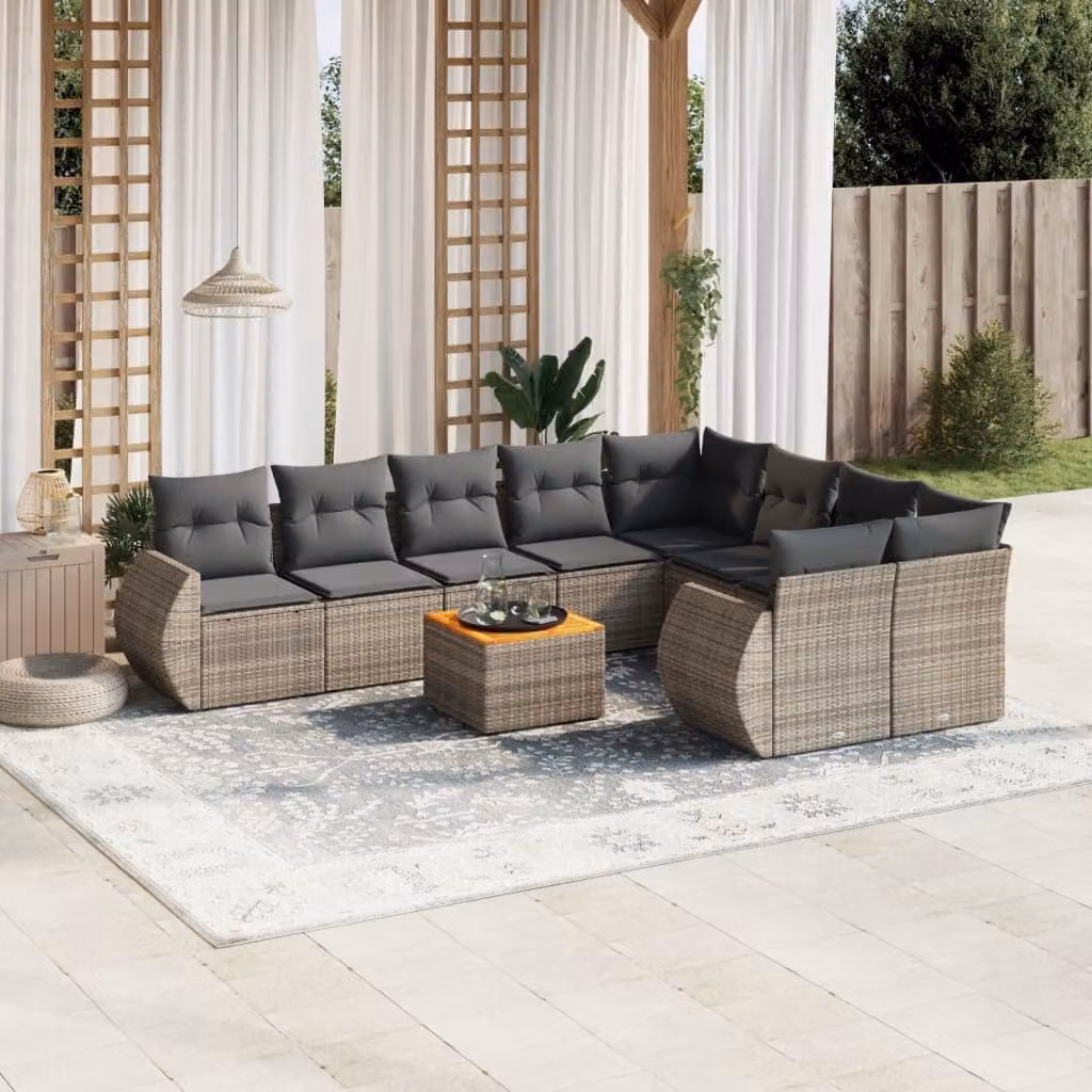 Set Divano da Giardino vidaXL 10 pz a Forma a L in Polyrattan Grigio con Cuscini e Tavolino – 1