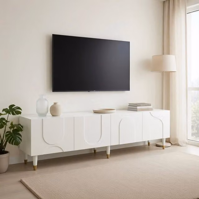 Cassettiera TV KOMHTOM bianca in MDF e legno per soggiorno, L: 180 cm, P: 40 cm, H: 50 cm