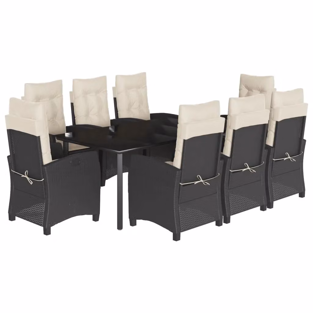 Set da pranzo da giardino vidaXL in polyrattan nero con cuscini bianchi e tavolo in vetro – 2