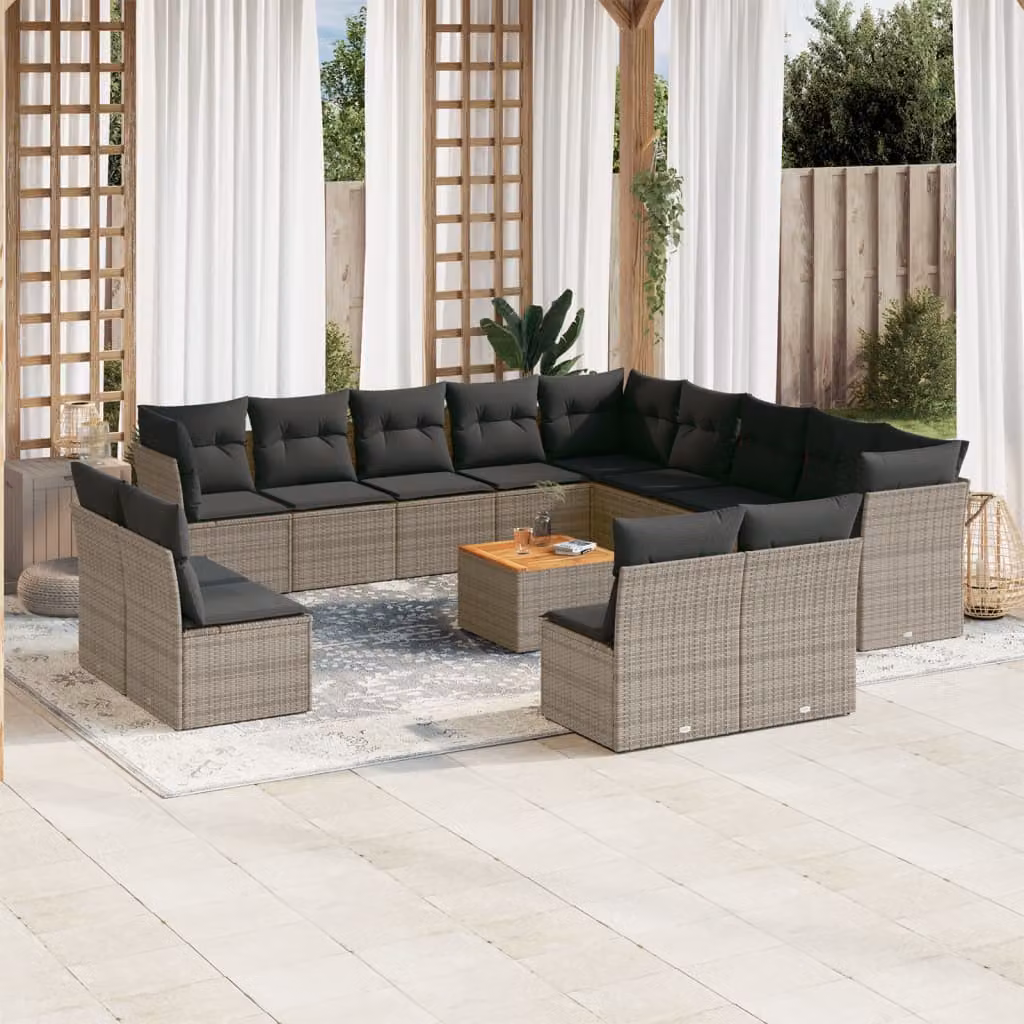 Set di divani da giardino vidaXL a forma di U in polyrattan grigio con cuscini e tavolino da esterno – 1
