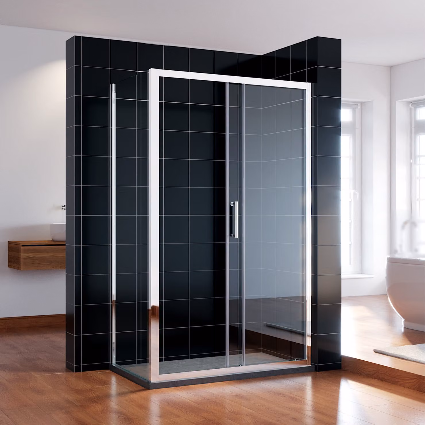 SONNI 100x185cm porta scorrevole doccia in vetro trasparente con pannello laterale da 80cm