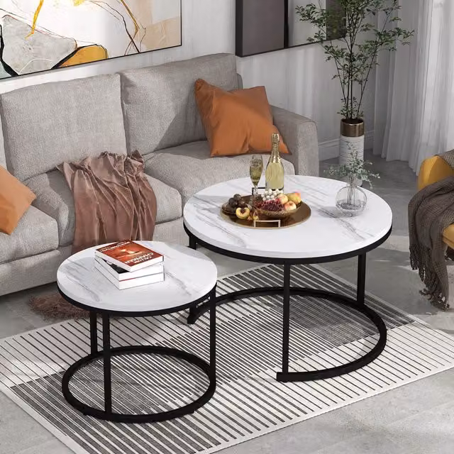 Set di tavolini da salotto rotondi impilabili Aosom, design moderno con struttura in metallo e piano in MDF effetto marmo bianco lucido – 1