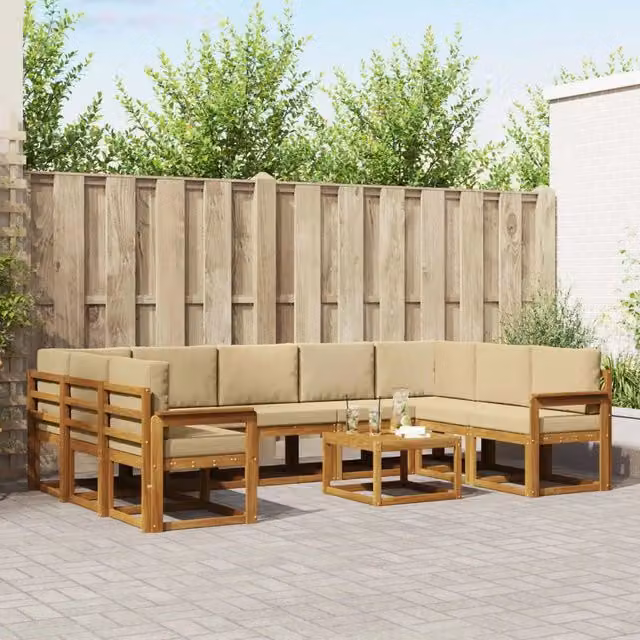 Set di divani da esterno a forma di L vidaXL in legno di acacia con cuscini beige e marrone