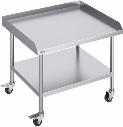 Tavolo da lavoro professionale VEVOR in acciaio inossidabile argento con 4 ruote e alzatina su 3 lati L/P/H: 76,2 x 91,4 x 75,16 cm