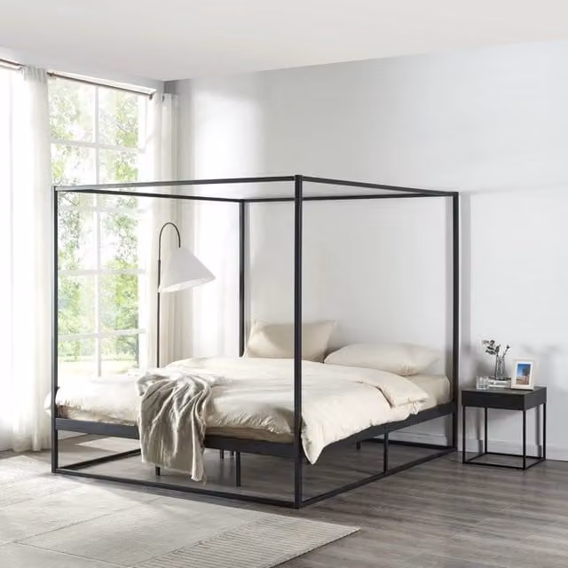Letto a Baldacchino Kristianstad en.casa in Metallo Nero L: 180 cm, P: 200 cm, H: 206 cm – 1