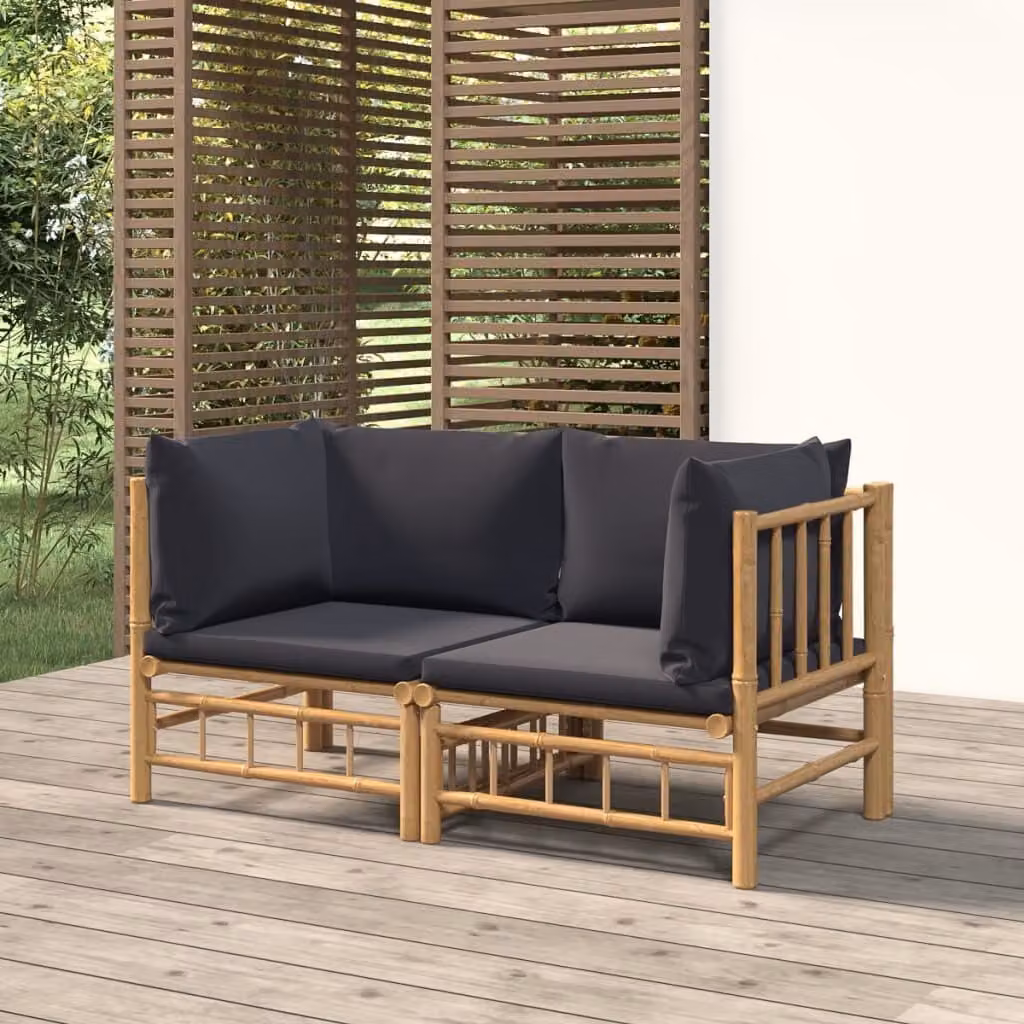 The Living Store Divani angolari da giardino con cuscini grigio scuro 2 pz. Bambù