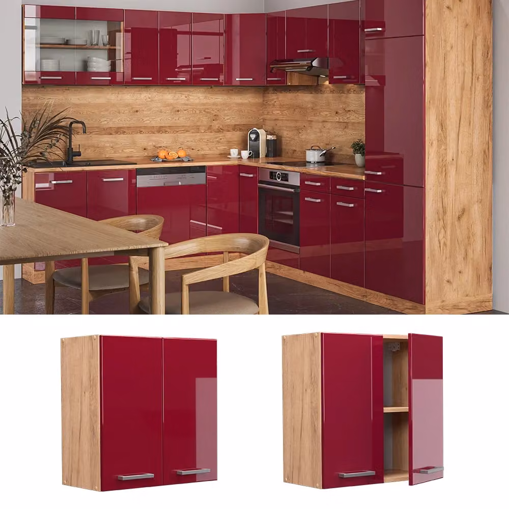 Pensile da cucina Vicco R-Line moderno con ante a battente, Rosso lucido e Rovere, L: 60 cm, H: 31 cm, P: 60 cm – 2