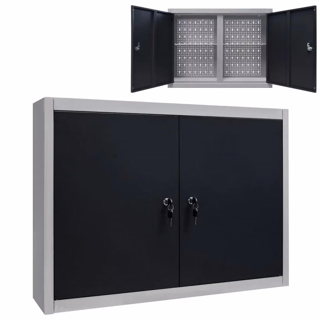Armadio portautensili da parete in metallo con ante chiudibili, organizer per pinze e martelli, grigio e nero, L: 80 cm – 2