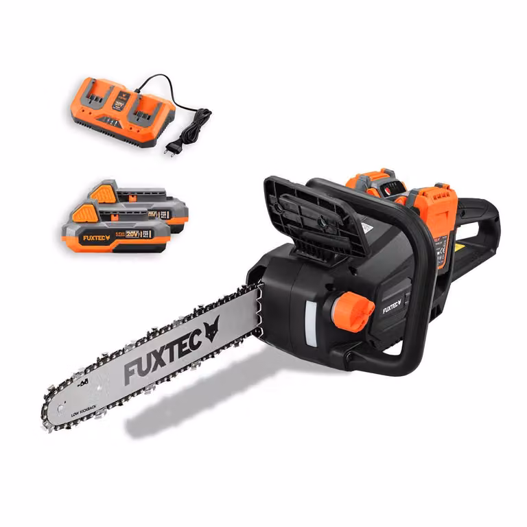 FUXTEC Motosega a batteria 2x20V FX-E2KS SET Lunghezza di Taglio 35 cm, 4,2 kg, Velocità della Catena 15 m/s, con 2 Batterie da 2Ah e Caricatore Doppio Incluso