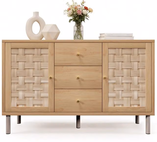 Credenza moderna in legno rovere con 2 ante, 3 cassetti e ripiani regolabili, colore marrone, L/P/H: 120 x 40 x 75 cm